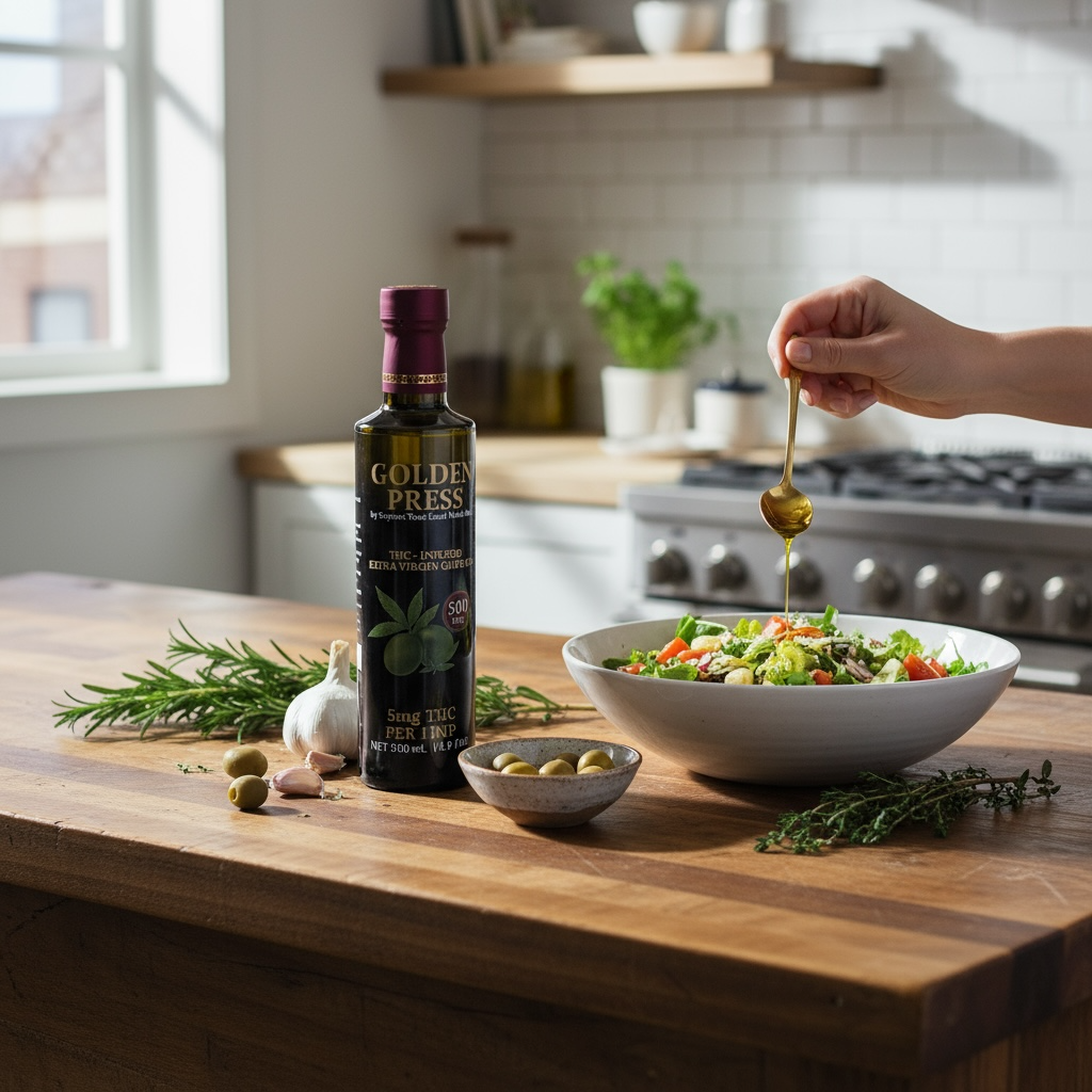 A photo of a Golden Press Infused Olive Oil from Support Your Local Weed Man in the Edible category. Tags: New