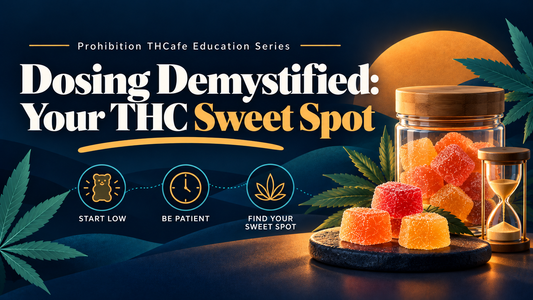 Dosing Demystified educational blog header with THC gummies, timing icons, and cannabis themed design