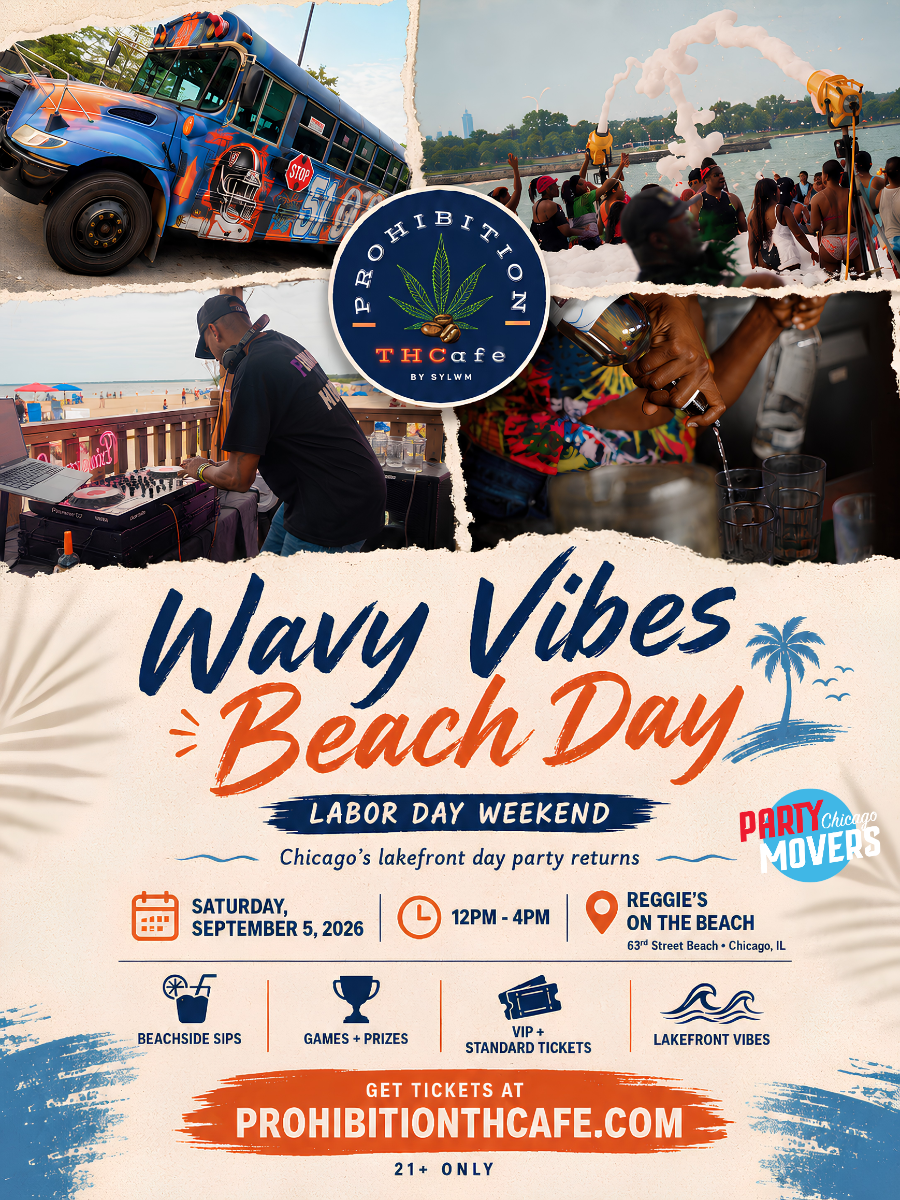 Promotional flyer for 'Wavy Vibes Beach Day' Labor Day Weekend at Prohibition THCafe, featuring a collage of beach party photos, event details, and ticket information.